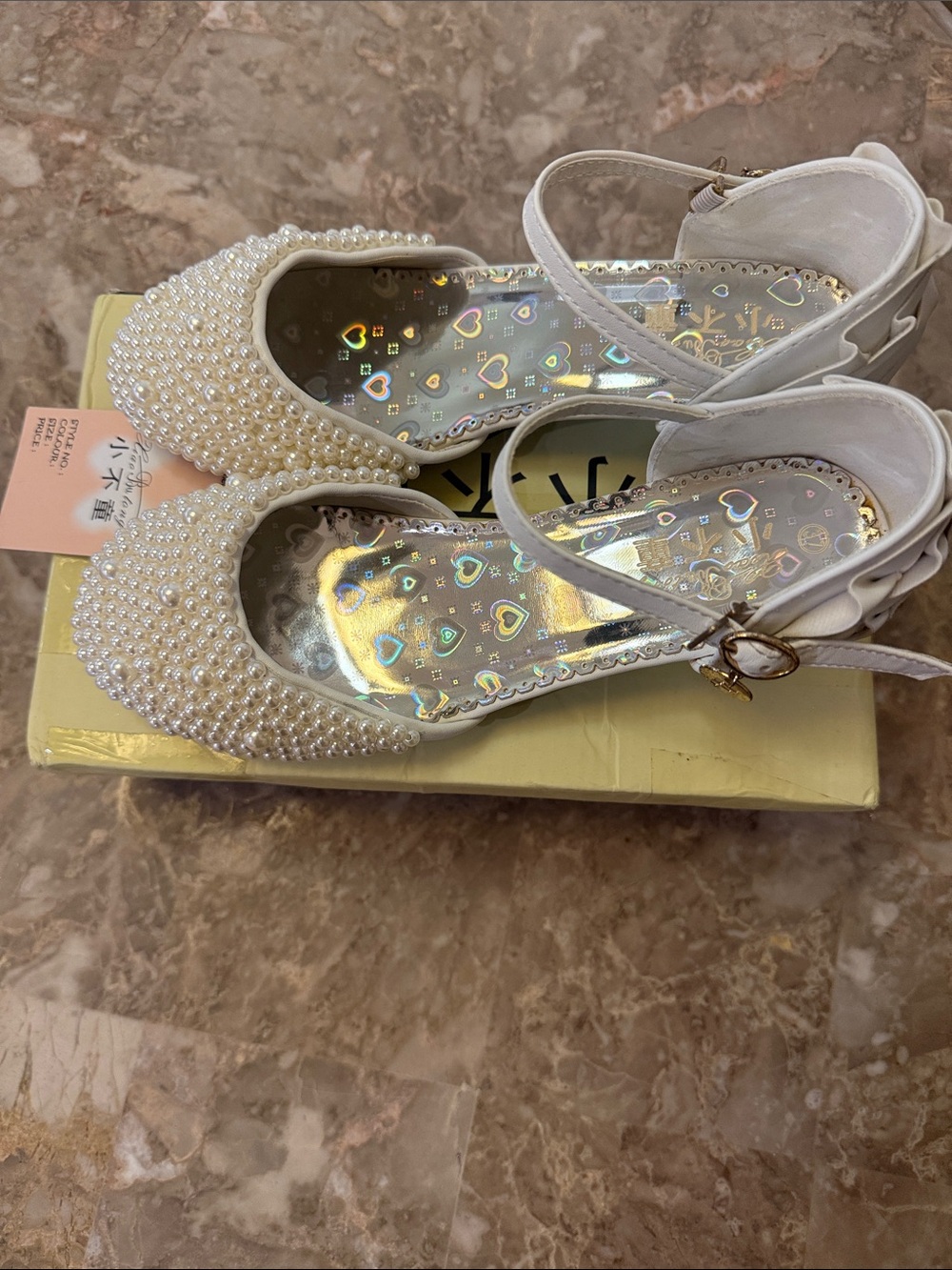 Pearl-Embellished White Mary Jane Flats Size 37 converted to US 4.5 to 5
